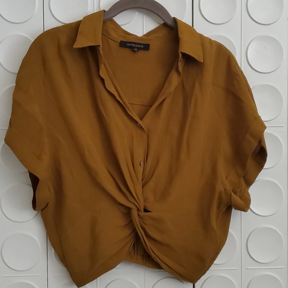 Olivaceous Button Down Collared Twisted Hem Crop